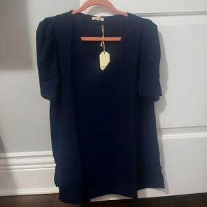 Navy Puff Sleeve V Neck Top